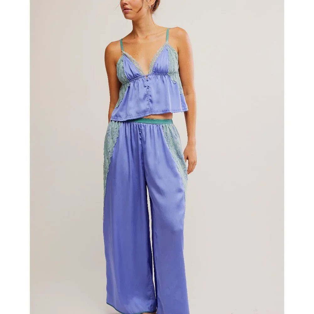 NWOT Free People Lavender Satin Lace-Trim Pajama Set with Mint Accents - Picture 1 of 10